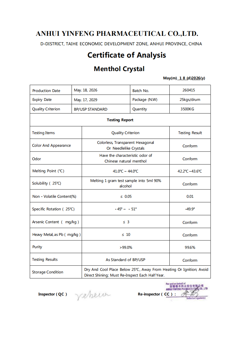 99.6% Pure Natural Menthol Crystals (USP/BP Grade) - REACH & Halal Certified
